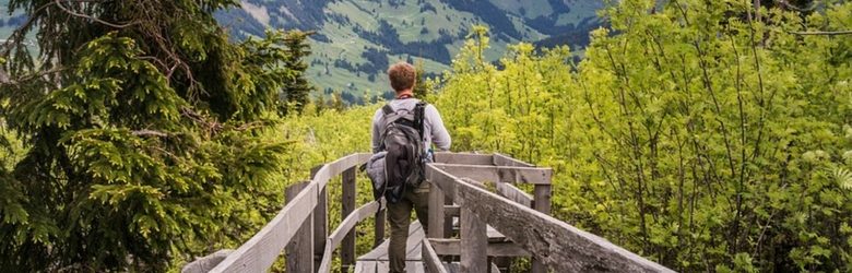 boy with backpack on walking with green views