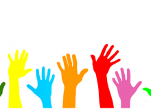 colourful graphic of hands in the air to volunteer