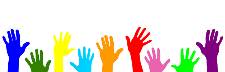 colourful graphic of hands in the air to volunteer