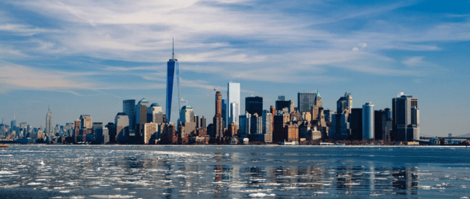 new york skyline from the icy ocean