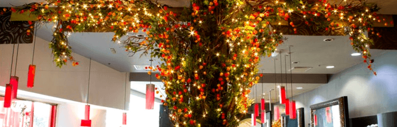 interior of yang sing cathay lights on branches of tree to the ceiling
