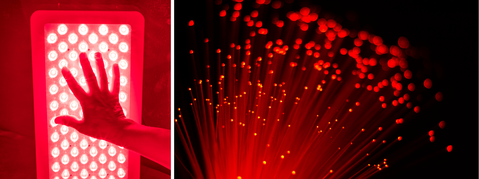 Split image showing two types of red sensory lighting. On the left, a hand is held up to a bright red LED light therapy panel. On the right, glowing red fiber optic strands fan out in a dark environment, creating a calming visual effect.